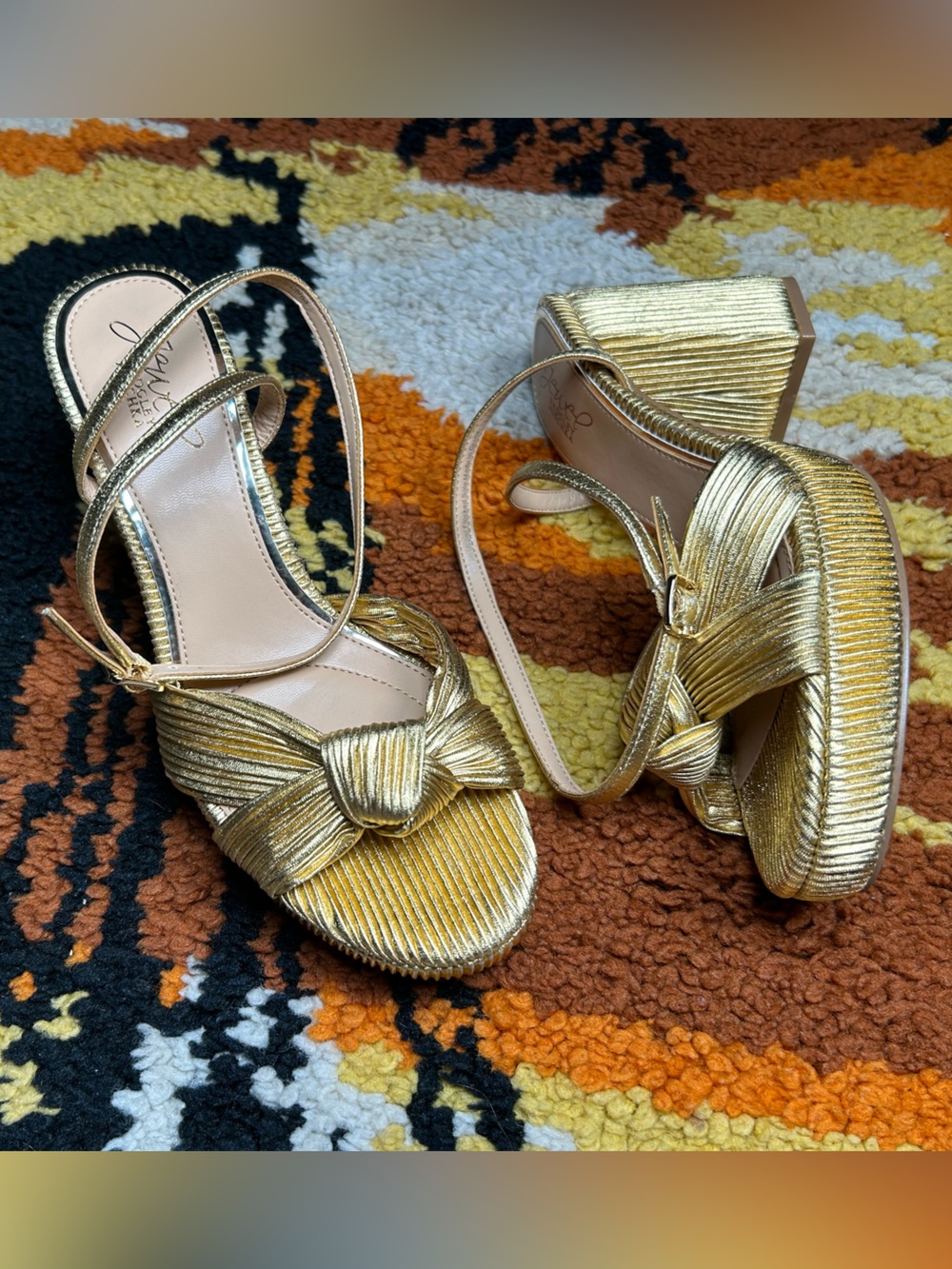 Disco Babe, Jewel BADGLEY MISCHKA, Tyler ankle strap, gold fabric heels!!